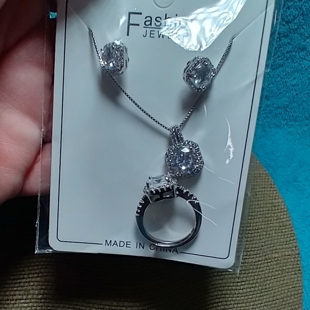 Fashion Jewelry Set - Silver Necklace, Earrings, and Ring CZ